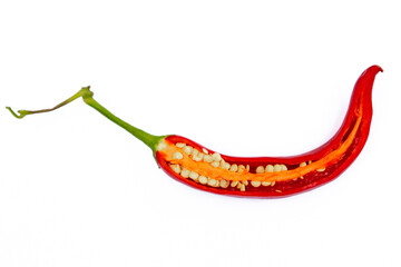 Red hot chili pepper cut into pieces, macro photography, focus on shiny skin texture and seed structure with copy space on top