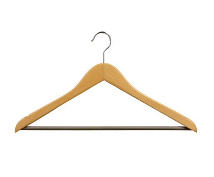Wooden hanger for organizing clothing and improving closet space on a transparent background, cut out