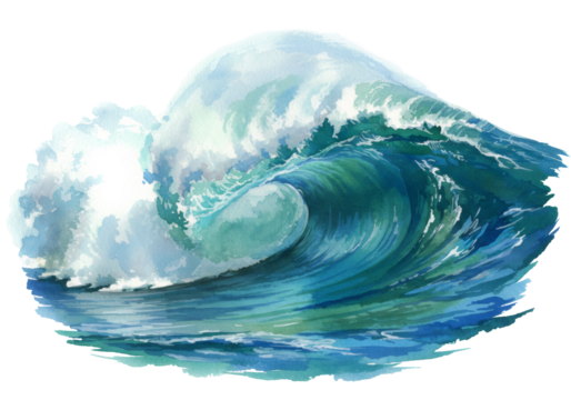 水彩画の青い海の波が透明な背景に手描きで描かれた海を表現