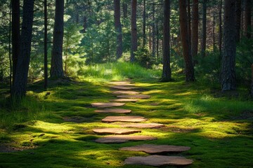 Obraz premium Sunlit path through a tranquil pine forest with a mossy ground