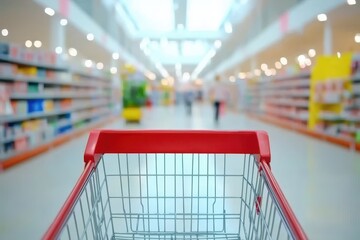 Empty shopping cart in a supermarket aisle (1)