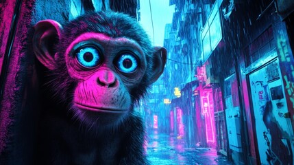 Cyberpunk monkey portrait in rainy neon alley 