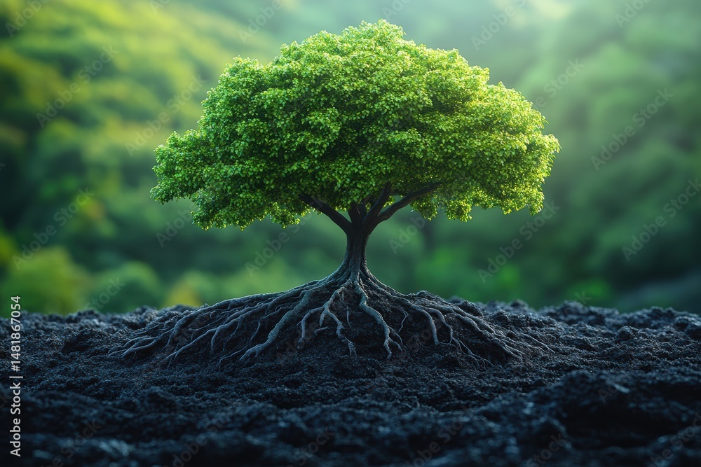 Poster exploring the beauty of a tree with deep roots under the soil in a minimalist setting