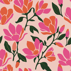 Seamless floral pattern with pink and orange magnolia flowers on peach background © reddish