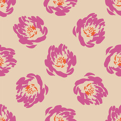 Seamless floral pattern with pink purple and red peonies on beige background