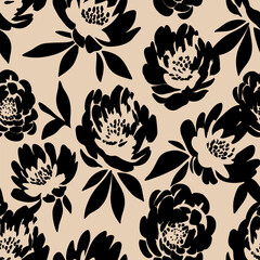 Seamless peony pattern in black on beige background © reddish