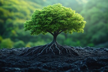 Exploring the beauty of a tree with deep roots under the soil in a minimalist setting