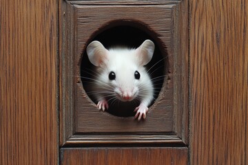 Obraz premium White mouse sneaks out of small hole in wooden door