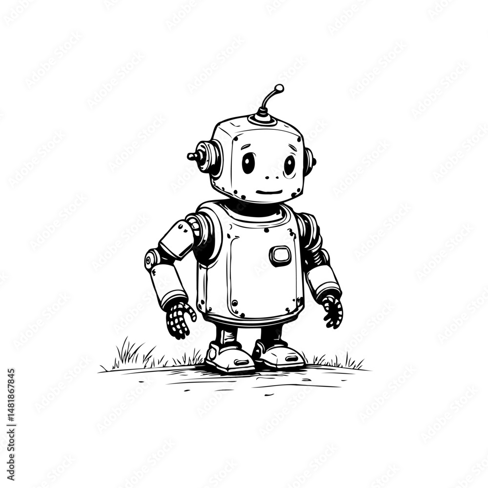 Poster whimsical robot character illustration on white backdrop displaying friendly design