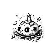 Whimsical blob creature with liquid puddle in monochrome ink illustration