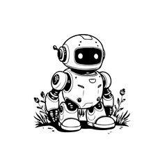 Whimsical Line Art Robot with Floral Accents in Black and White Illustration