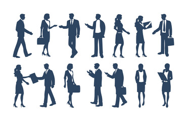 Professional Businesspeople Silhouettes Set. Corporate Office Worker Poses with Briefcases, Phones, Laptops and More. Male and Female Business Figures Clipart Vector Illustration.