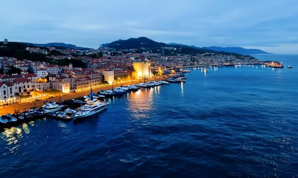 aerial flight over Rapallo. Popular tourist destination. The city illuminated