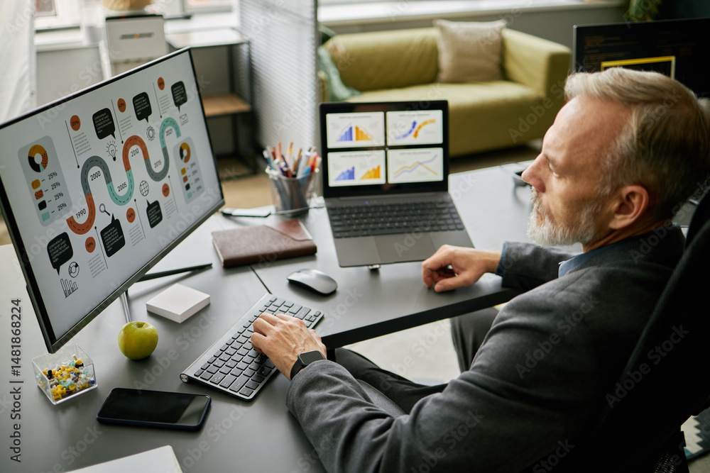 Aufkleber senior business professional examining detailed data charts on office desk surrounded by multiple el