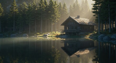 Fototapeta premium Tranquil lake house retreat, reflecting the serene nature and peaceful getaway