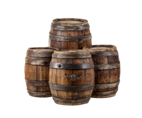 Rustic wooden barrels stacked for decoration and storage on a transparent background, cut out