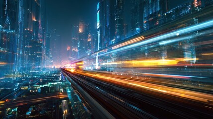 Futuristic city at night with a high-speed train