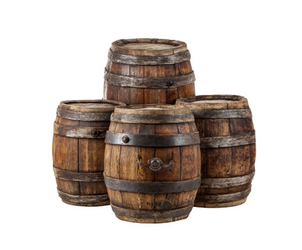 Rustic wooden barrels stacked for decoration and storage on a transparent background, cut out