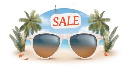 A vibrant beach scene featuring oversized sunglasses with a "SALE" sign, palm trees, and a sunny sky, evoking a tropical shopping vibe.