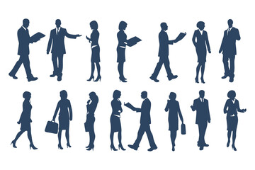 Professional Businesspeople Silhouettes Set. Corporate Office Worker Poses with Briefcases, Phones, Laptops and More. Male and Female Business Figures Clipart Vector Illustration.