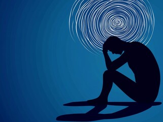 A young male character struggling with depression sits on the floor, clutching their knees, with a cartoon doodle floating above their head, symbolizing their mental health struggles