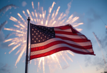 American Flag Waving with Fireworks Background: Patriotic Scene of Stars and Stripes Against a Festive Twilight Sky for National Celebrations, High-Resolution Image Conveying Pride and Holiday Spirit,
