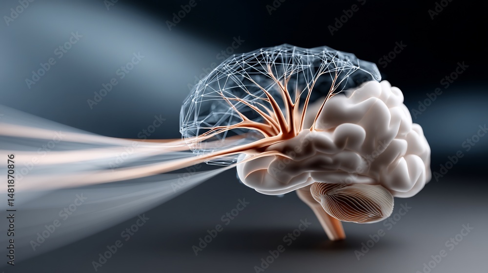 Poster neural network visualized within a human brain, emitting energy streams