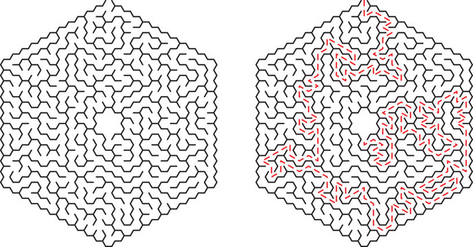 Complex hexagonal maze puzzle showing pathfinding solutions and challenging problem solving concepts
