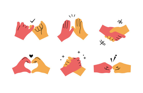 Hand gesture illustrations showing friendship, cooperation, and shared goals in flat design style. 