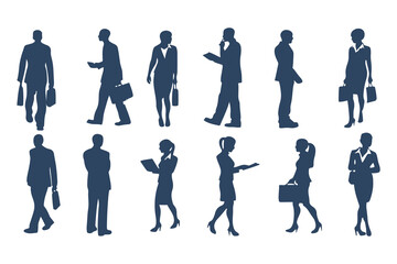 Professional Businesspeople Silhouettes Set. Corporate Office Worker Poses with Briefcases, Phones, Laptops and More. Male and Female Business Figures Clipart Vector Illustration.