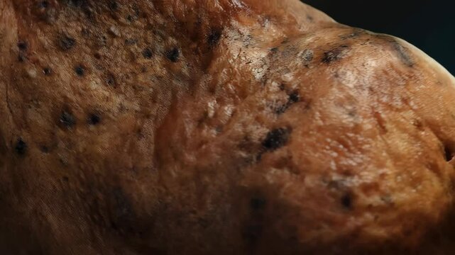 Close up of a light brown animal hide with dark spots, showing texture of fur or skin and the irregularities in the material's surface
