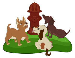 Three cartoon dogs gathered playfully around a red fire hydrant on a small grassy patch, all isolated on a transparent background. 