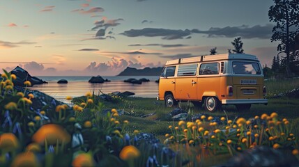 A yellow van parked near a body of water with flowers in the foreground at sunset or sunrise hour
