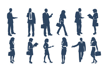 Professional Businesspeople Silhouettes Set. Corporate Office Worker Poses with Briefcases, Phones, Laptops and More. Male and Female Business Figures Clipart Vector Illustration.