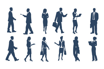 Professional Businesspeople Silhouettes Set. Corporate Office Worker Poses with Briefcases, Phones, Laptops and More. Male and Female Business Figures Clipart Vector Illustration.