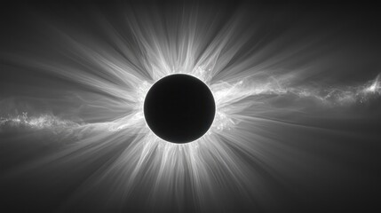 A detailed grayscale depiction of a solar eclipse.