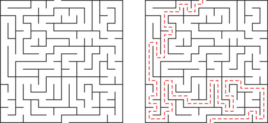 Complex maze puzzle with clear solution path marked in red lines for clarity