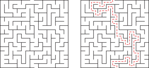 Complex maze puzzle with a solved path highlighted in a red dotted line