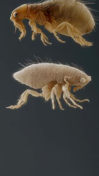 Extreme close-up of two fleas showcasing intricate details of their anatomy, including legs, body segments, and setae against a dark background.