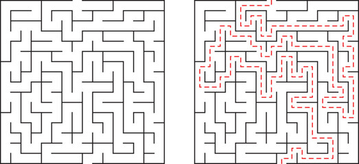Complex black and white maze with a red path showing solution for problem solving or concept