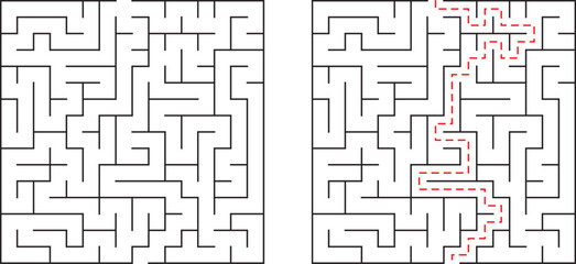 Maze puzzle with solution illustrated on white background problem solving concept