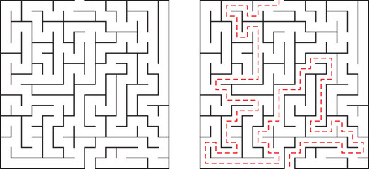 Complex maze illustration showing path to solution with red dotted line guide