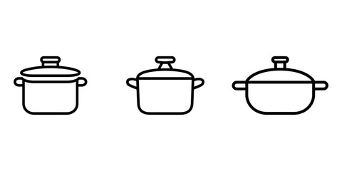Three closed cooking pots of various shapes showcase kitchenware line art on white background
