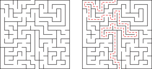 Two black and white labyrinths with the correct path marked in red solution