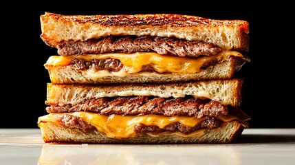 a freshly stacked cheeseburger shot in side-profile, thick meat patty with seared edges, melting cheese detail, soft highlight from backlight and subtle front fill to reduce harsh shadow