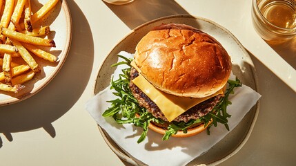 an overhead view of a cheeseburger with golden-brown fries, styled with white linen and neutral props for a clean food styling effect, strong top-down lighting and balanced color tones