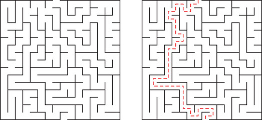 A black and white maze with a red solution line guiding the way