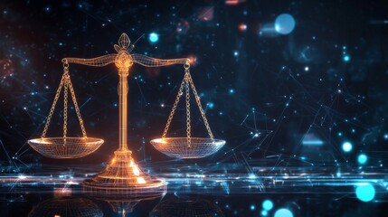 Justice concept: glowing scales with digital network background 