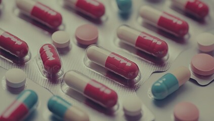 Close-up of assorted pills and capsules in blister packs