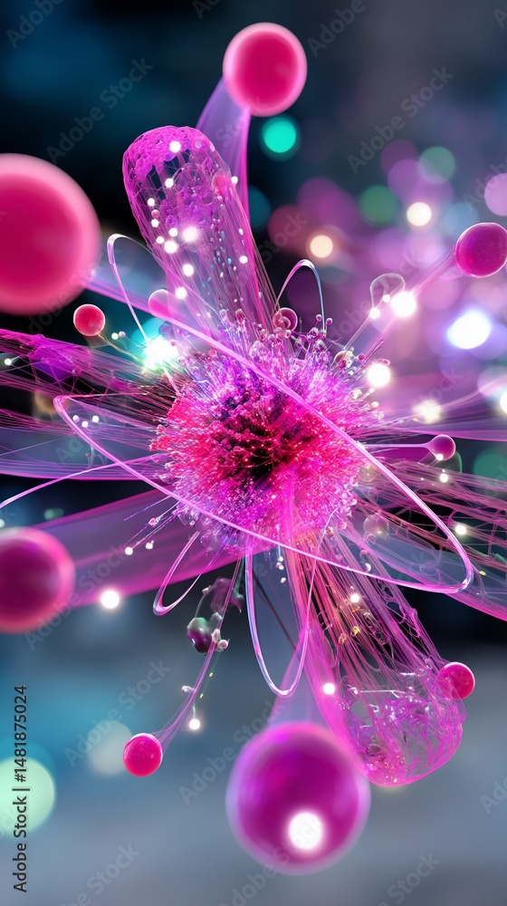 Poster pink atomic structure with glowing orbitals and particles